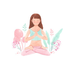 Beautiful stock illustration with watercolor cute yoga girl.