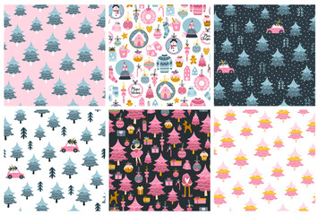 Fototapeta na wymiar Christmas patterns set. Collection of seamless backgrounds in pastel pink-blue colors. Christmas tree, characters, car, gifts, toys. Ideal for baby textiles. Vector illustration