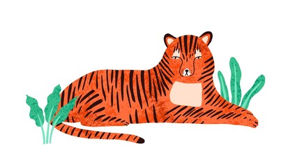 Childish portrait of relaxed tiger in scandinavian simple style. Cute tigress lying in jungle nature. Lazy wild animal resting outdoors. Flat vector cartoon illustration isolated on white background