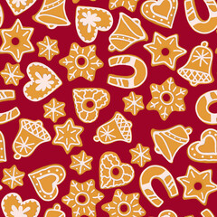 Maroon Christmas background with homemade cookies. Seamless pattern.