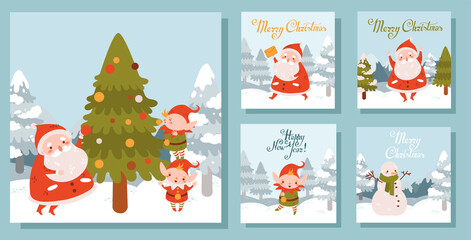 Fototapeta na wymiar Set of vector Christmas square illustrations with Santa and elves. Winter landscape. Christmas tree, winter snow landscape. Collection of merry christmas cards, prints. Blue background. 