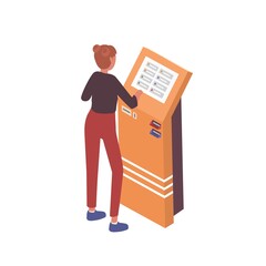Fototapeta na wymiar Woman using ATM or cash dispenser. Modern self service payment and transaction machine. Person making payments by banking service. Flat vector cartoon isometric illustration on white background