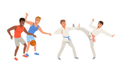 Fototapeta na wymiar Sportive Male Engaged in Karate Battle and Basketball Playing Vector Illustration Set