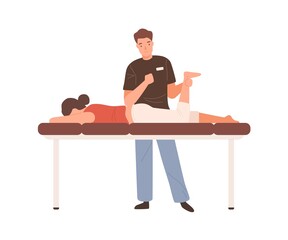 Young male massagist or osteopath doing manual massage. Professional physiotherapist or chiropractor working. Flat vector cartoon illustration isolated on white background