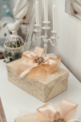 gift box with bow and brooch isolated. 