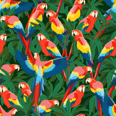 Seamless pattern with large red-blue macaw parrots. Parrots sitting in tropical leaves and flying. Wildlife of the jungle and tropical forests of the Amazon. Realistic trendy vector © AnnstasAg