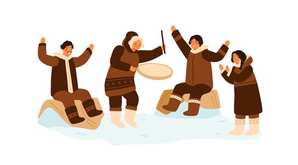 Eskimo people clapping hands, dance and play national ethnic tambourine. Inuit family having fun. Traditional northern recreation. Flat vector cartoon illustration isolated on white background - obrazy, fototapety, plakaty