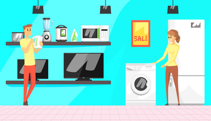 People Characters Making Purchases at Household Devices Department Store Vector Illustration
