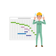 男性現場監督と工程表　あせる