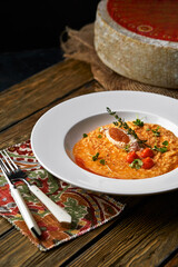 Spelt Pumpkin Mushroom Risotto on Grey Background, Tasty Vegetarian Meal