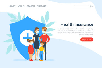 Family with Parents and Kids in Medical Face Mask with Clinic Shield Behind as Health Protection Vector Landing Page Template