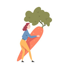 Little Woman Carrying Huge Ripe Carrot Vector Illustration