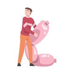 Little Man Carrying Huge Meat Sausage Vector Illustration