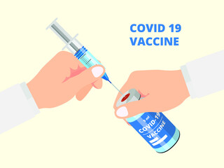 covid-19 corona virus vaccine with injection needle vector flat