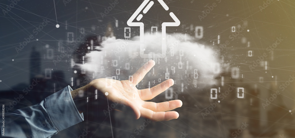 Poster Businessman holding a Binary cloud with upload internet arrow 3d rendering