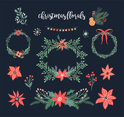 Christmas floral collection with Christmas wreaths, poinsettia and ornamental bouquets, winter design