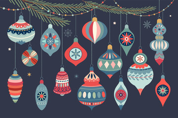 Christmas ornaments collection with decorative Christmas balls, winter design