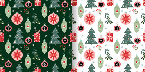 Christmas seamless patterns set with winter design, Christmas trees, ornaments and gifts, vector design