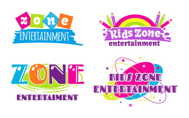 Kids zone entertainment set childish banner label sticker badge