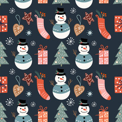 Winter decorative seamless pattern with snowmen, Christmas trees and decorations