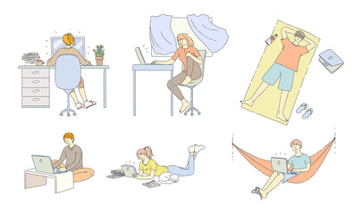 Freelance people work at home and outdoor. They work at home, comfortably organize their workspace, resting in nature lying in hammock on beach. Freelancers working on laptops, tablet flat