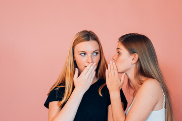 Portrait of two cheerful casual dressed girls telling secrets against pink background