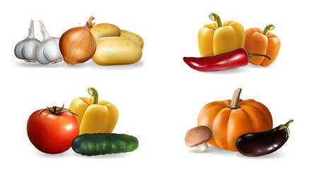 Realistic vegetables set. Collection of realism style drawn pepper pumpking garlic tomato cucumber eco food vegan nutrition or vegetarian meal menu template. Autumn harvesting mockup illustration.