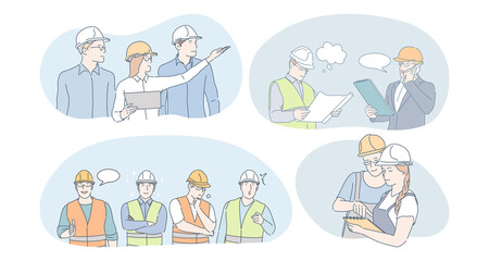 Engineering and construction workers concept. People engineers, builders and managers in protective helmets and uniform communicating and discussing building projects and construction plans together 