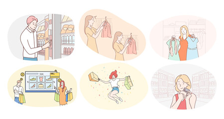 Shopping in trade center or supermarket and sales concept. Happy women and men customers cartoon characters shopping in grocery store or clothes boutique and paying with card for purchase o