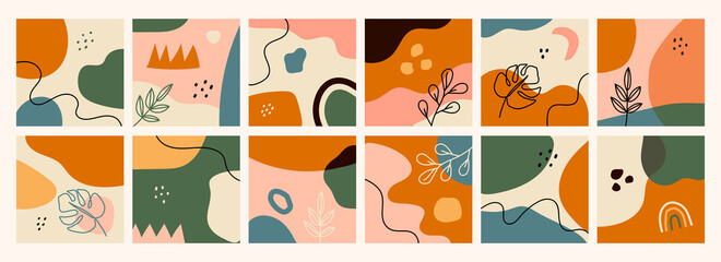 Abstract backgrounds collection. Hand drawn various shapes and doodle objects. Contemporary modern trendy Vector illustrations. Every background is isolated. Pastel colors