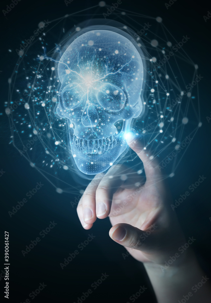 Aufkleber Man hand using digital x-ray skull holographic scan projection 3D rendering