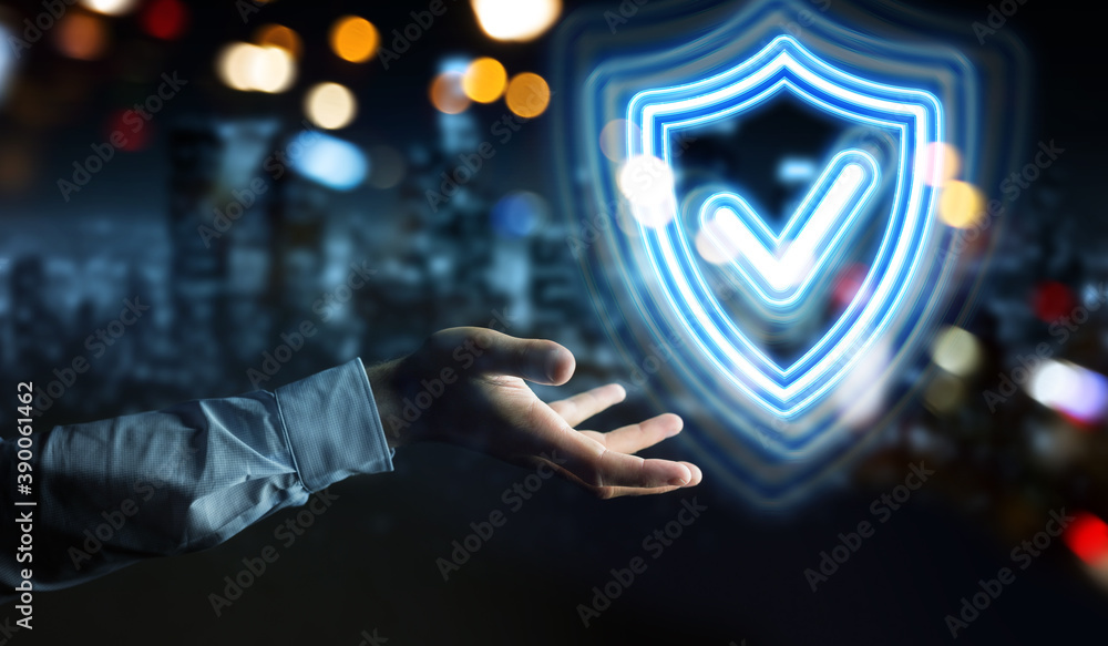 Poster man hand using digital shield protection blue holographic interface 3d rendering