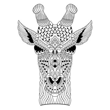 Hand drawn of giraffe head in zentangle style