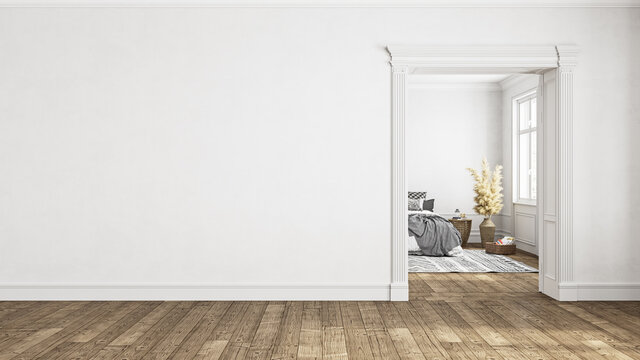White empty interior with blank wall, door and bedroom. 3d render illustration mockup.