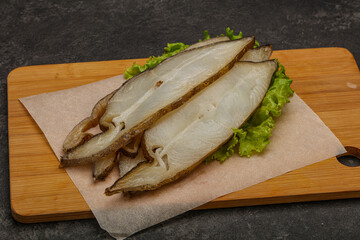 Delicous smoked halibut slices snack