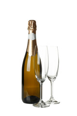 Bottle of champagne and glasses isolated on white background