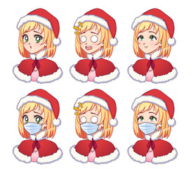 Anime expressions set. Kawaii blonde girl wearing Christmas costume and medical mask