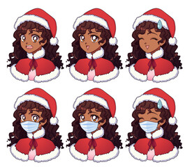 Anime expressions set. Cartoon american african girl wearing Christmas costume and medical mask.