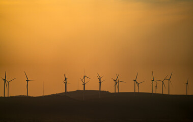 Obraz premium Windmills over the horizon with orange sky