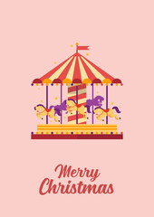 Fototapeta premium Merry Christmas greeting card Colorful carousel with horses