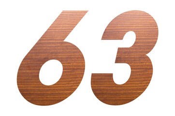 Number 63 with brown wooden texture on white background.