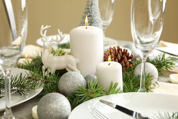 Concept of New year table setting on gray table, close up