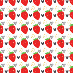 Strawberry and heart pattern. Fruit seamless red vector background
