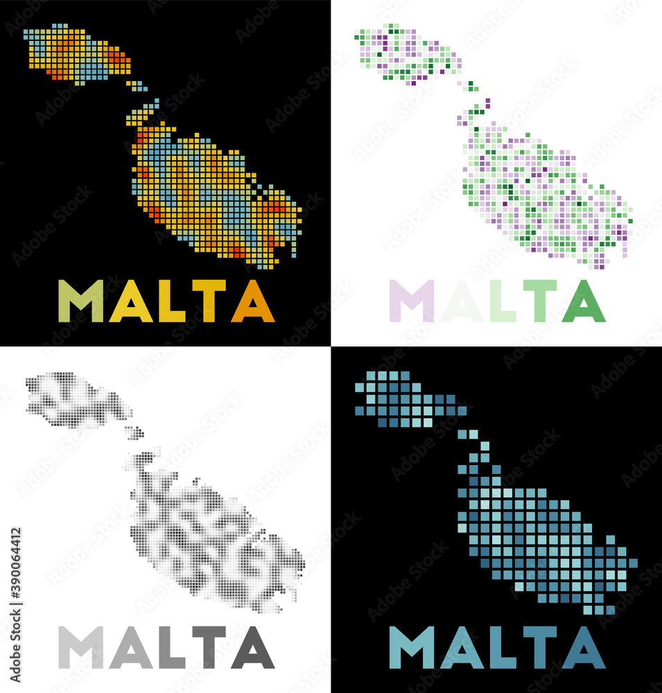 Poster malta map. collection of maps of malta in dotted style. borders of the island filled with rectangles