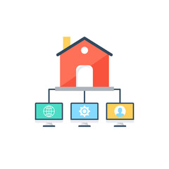 
An icon showing a building and connection of small devices and making a network representing the concept of local network.
