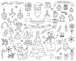 A set of Doodle-style elements. Collection of elements of new year and Christmas design. The sketch is hand-drawn and isolated on a white background. Outline drawing. Black-white vector illustration