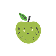 Cute green apple. Vector isolated in hand drawn fruit