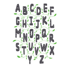 Naklejka premium English alphabet in scandinavian style. Vector english letters for kids learning with green plant elements
