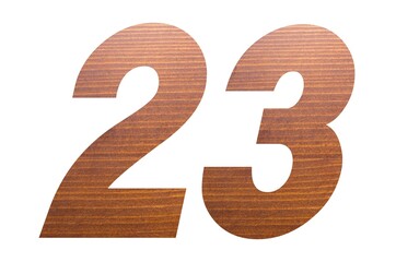 Number 23 with brown wooden texture on white background.