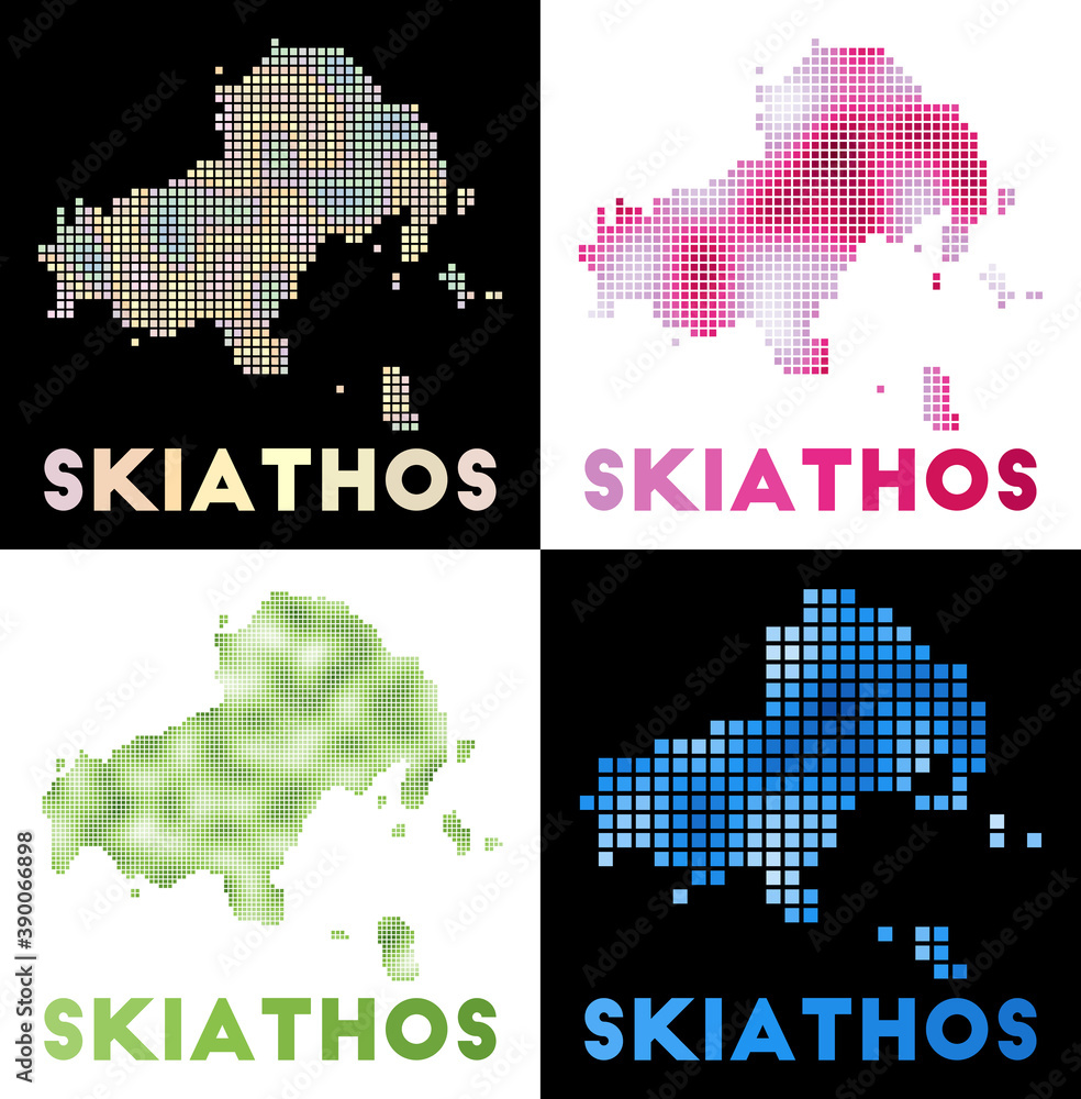 Poster skiathos map. collection of maps of skiathos in dotted style. borders of the island filled with rect